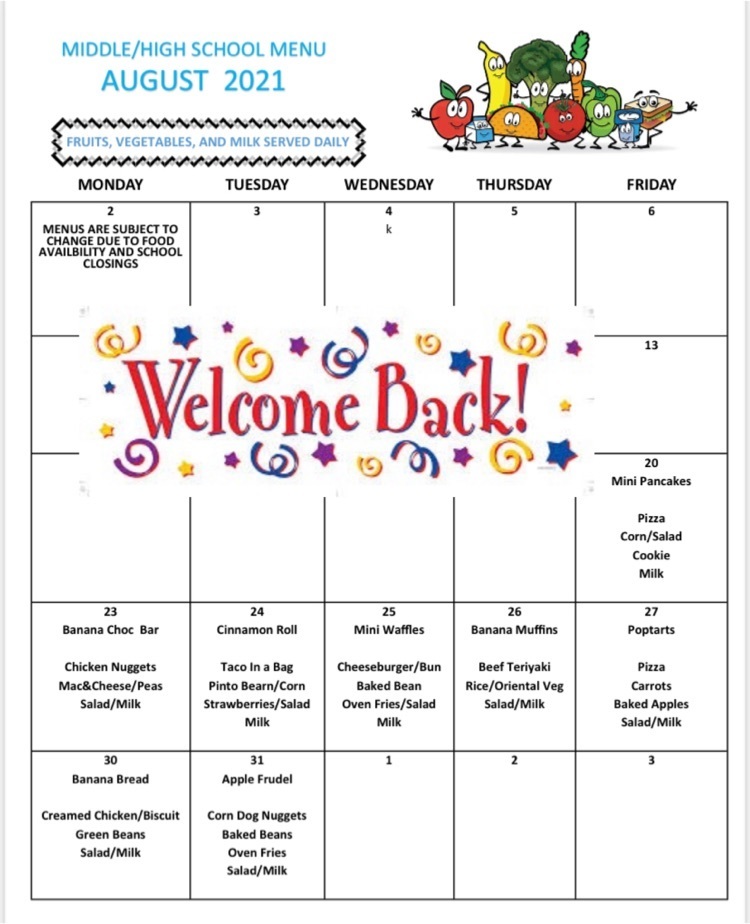 PCMHS August Menu