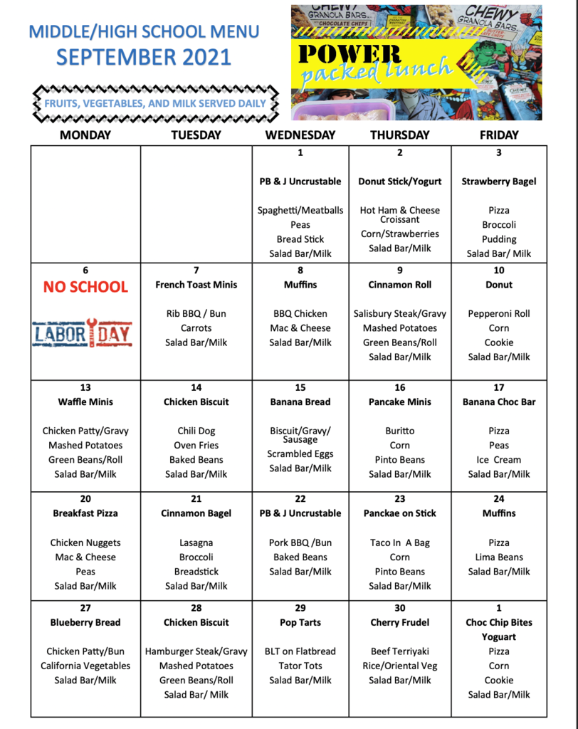 PCMHS Sept Menu