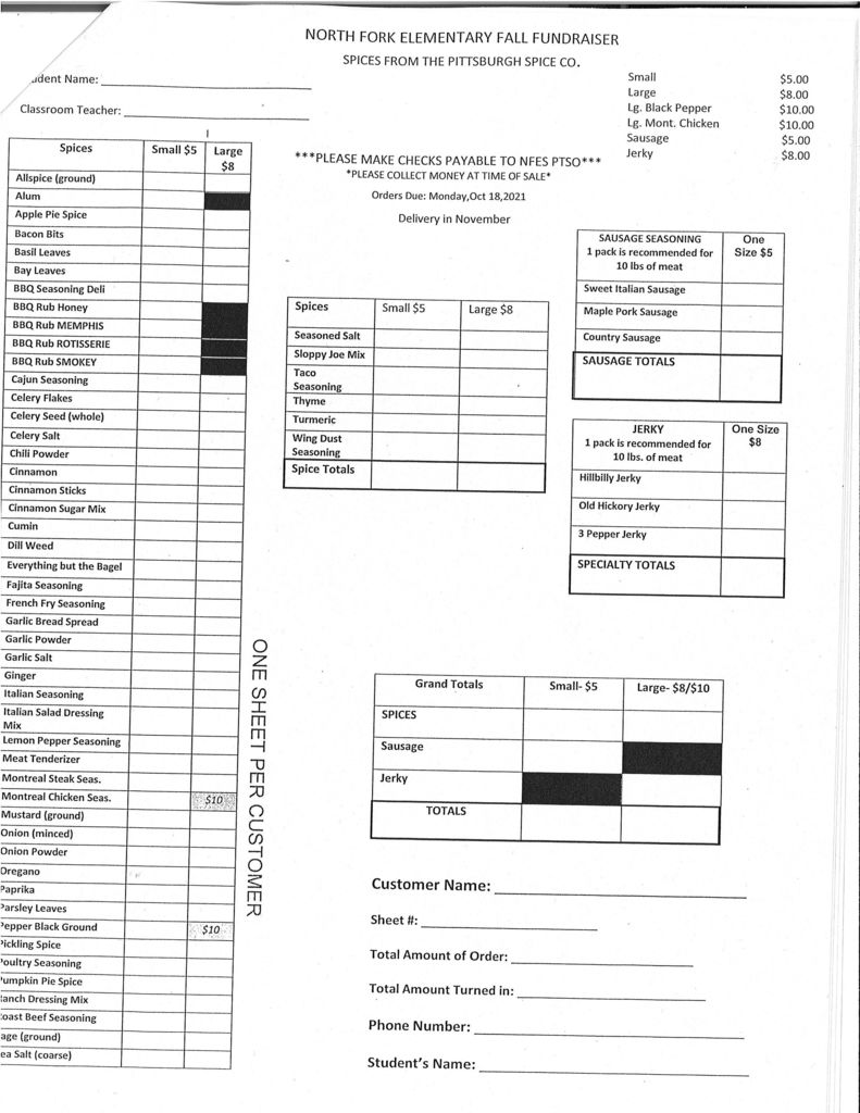 Spice Fundraiser Sheet