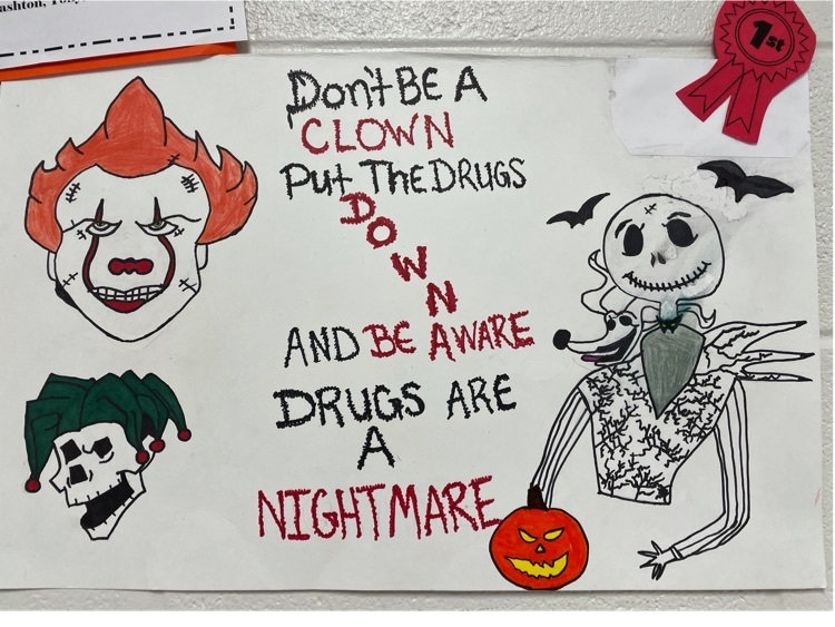 Poster says “Don’t be a clown, put the drugs down and be aware drugs are a nightmare”