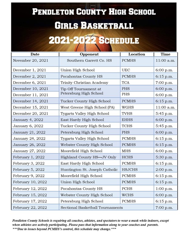 PC Wildcat High School Girls Basketball Schedule Pendleton County